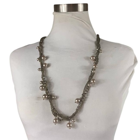 J CREW~triple strand~FAUX PEARL & CRYSTAL OPERA LENGTH NECKLACE